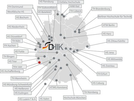 Karte mit den Mitgliedshochschulen des DHIK in Deutschland und der Hochschule Luzern Technik & Architektur.
