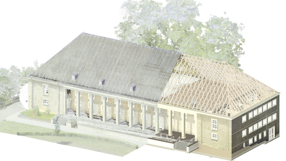 Aus der 3D-Punktwolke generierte BIM- Modell der Turnhalle am Campus Schneidershof (rechte Seite) teilweise überlagert mit der Punktwolke (linke Seite). 