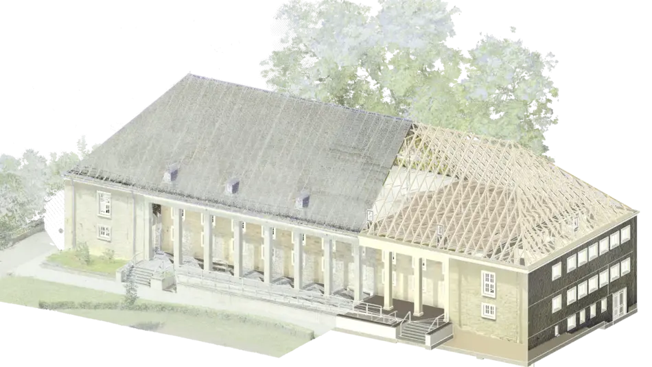 BIM model of the gymnasium at the Schneidershof campus generated from the 3D point cloud (right side) partially overlaid with the point cloud (left side). 