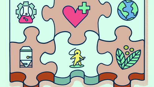 Puzzle mit verschiedenen Logos der Themenfelder des neuen Bachelor-Studiengang Lebensmittelinnovation - Gesundheit und Nachhaltigkeit
